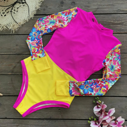 New Patchwork One-Piece Swimsuit Long Sleeve Swimwear Sports Backless Women's Swimming Bathing Suit Beach Wear Bather Surfing Beauty World Shop
