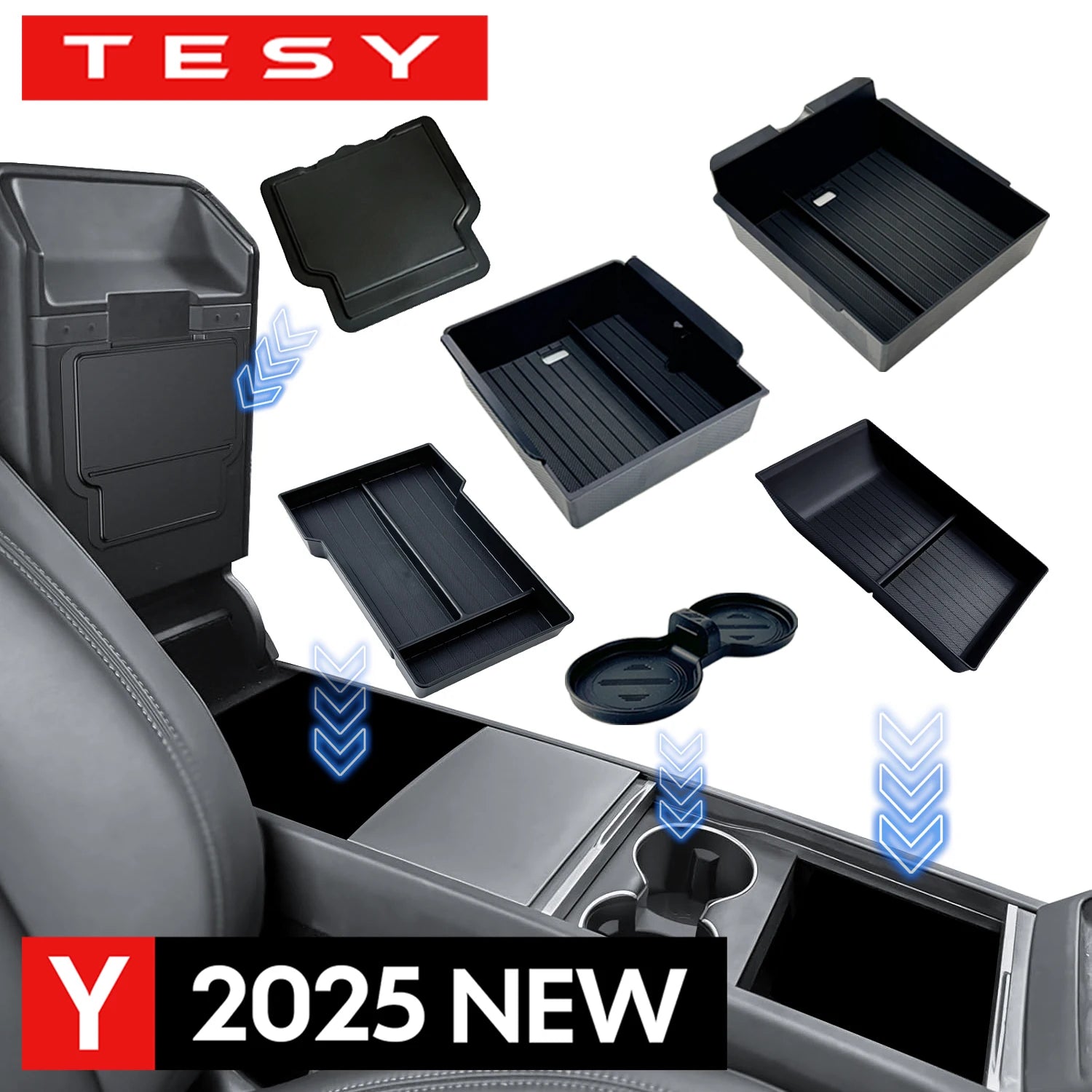 For Tesla Model Y Juniper 2025 Launch Center Console Eyeglasses Storage Box Armrest Box Upper&Lower Silicone Pad Beauty World Shop