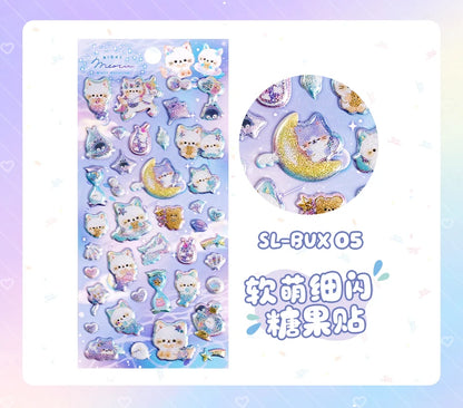 3 pcs/6 pcs Sweet Candy Pets Cat Coffee Cakes Flash Puffy 3D Stickers Scrapbooking Diy Diary Stationery Stickers School Supplies Beauty World Shop