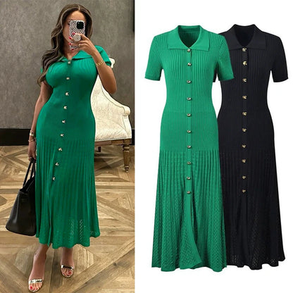 YuooMuoo Brand Fashion Vintage Turn-down Collar Knit Maxi Dress Elegant Single-breasted A-line Long Shirt Dress Lady Vestidos Beauty World Shop