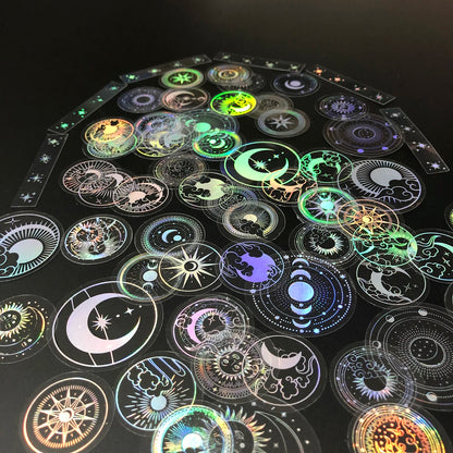 70 pcs PET Adhesive Stickers Waterproof Transparent Laser Silver Stickers Label: SUN MOON Stars Etc Beauty World Shop