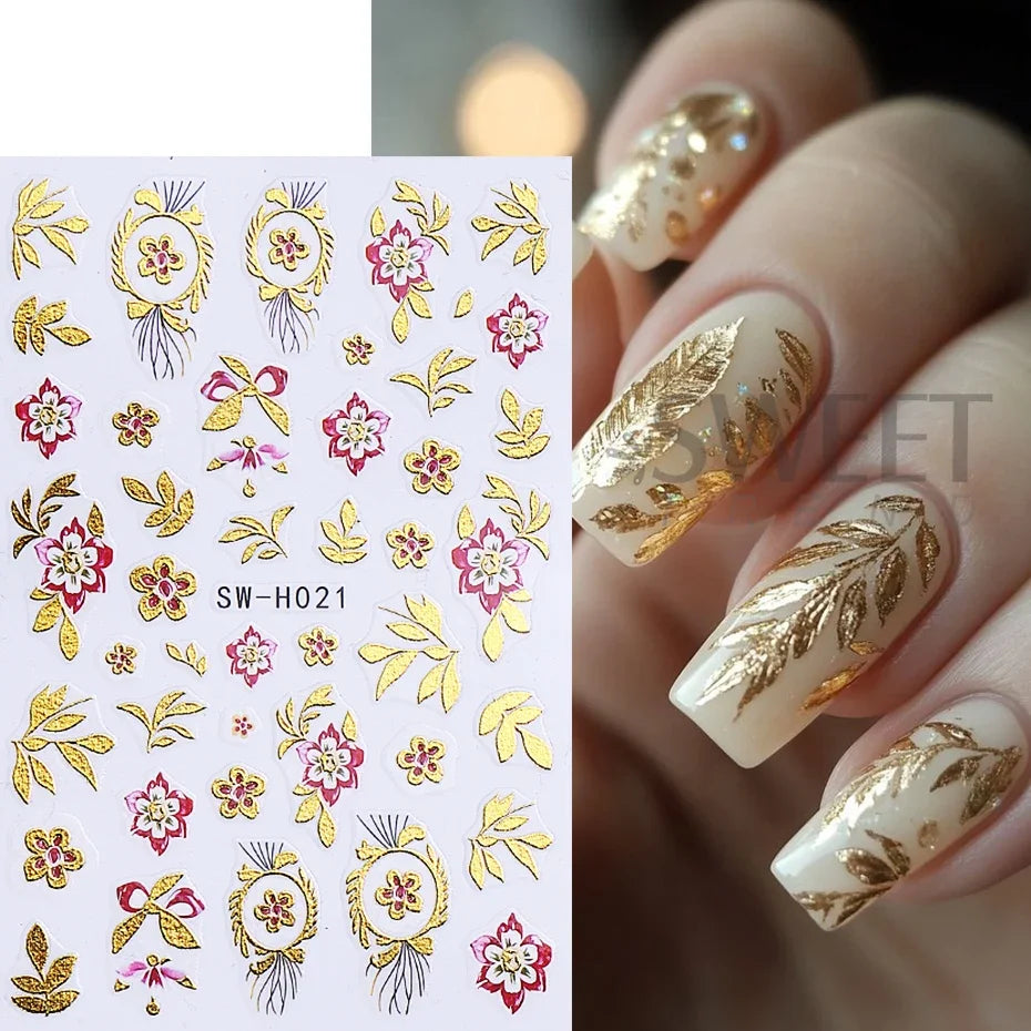 5pcs Metallic Gold Line Flower Nail Stickers 3D Bronzing Border Petals Sakura Leaf Nail Decals Slider DIY Elegant Manicure Decor Beauty World Shop