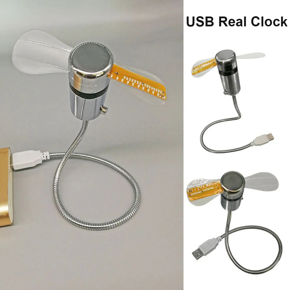 Portable Clock Fan RGB LED Night light 5V USB Hand Fan Real Time Temperature Display Metal Mini Fan for PC Laptop Desktop Cooler Beauty World Shop