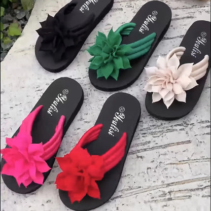 Women's Floral Flip Flops SlipOn Vacation Style Mid Heel Sandals Fabric Upper EVA Sole Insole Solid Color Summer Casual Footwear Beauty World Shop