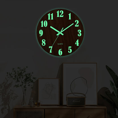 12 Inch Luminous Wall Clock Wood Silent light in dark night Nordic Fashion Wall Clock Non Ticking Clock With Night Light Beauty World Shop