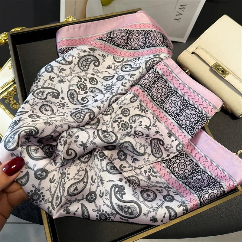 Luxury 2024 Silk Print Hair Scarf Women Floral Kerchief Neck Tie Hand Wrist Foulard Shawl Wraps Head Hijab Bandana Echarpe Beauty World Shop