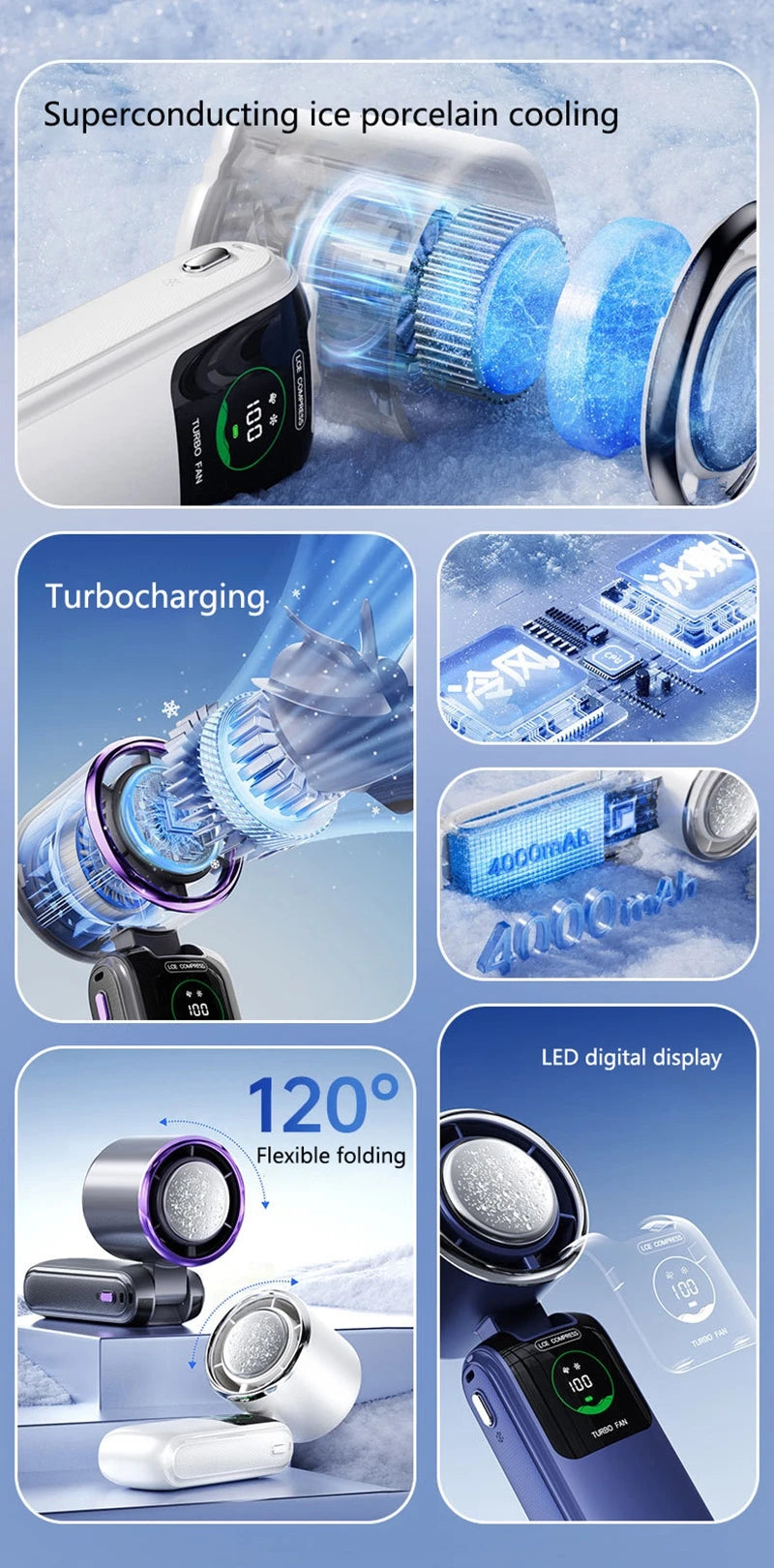 Portable Air Cooling Turbos Handheld Fan 100-Speed Adjustable Refrigeration Cooler 4000mAh LED Display USB Rechargeable