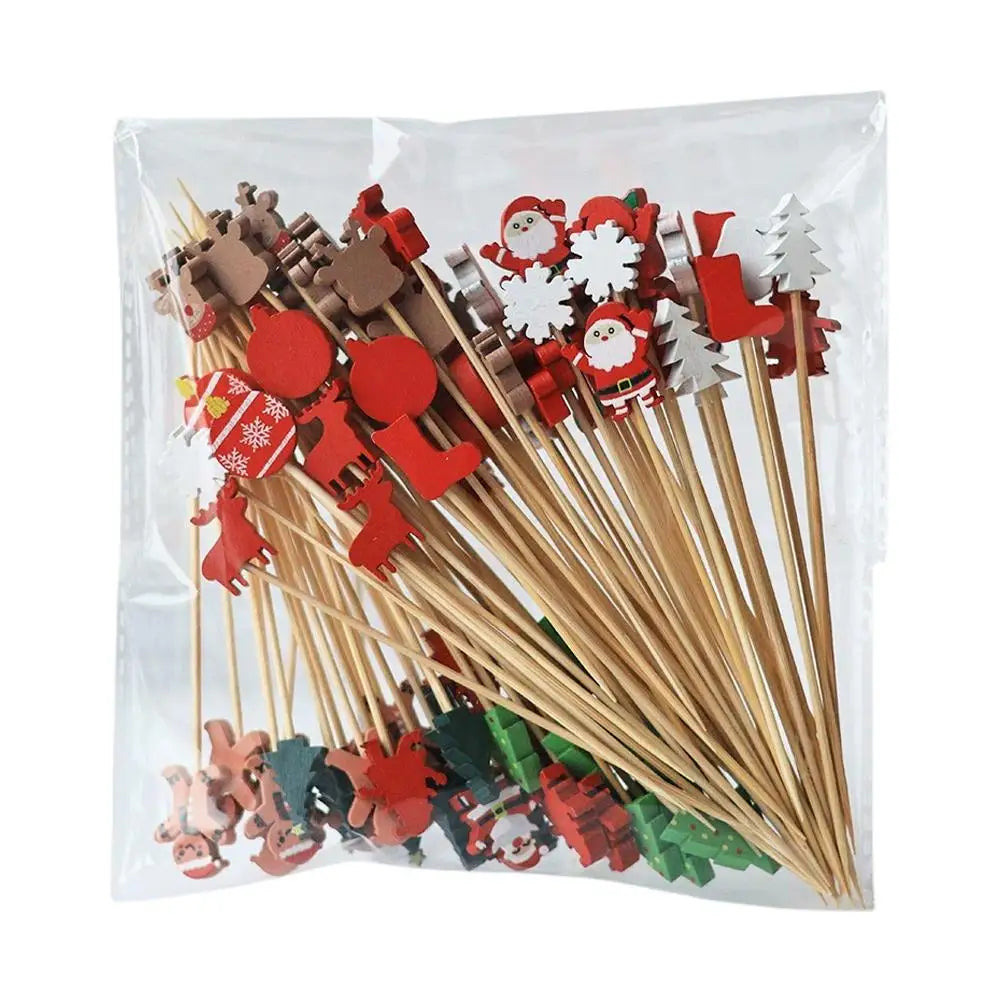 100Pcs Christmas Bamboo Skewer Cocktail Picks Cupcake Topper Disposable Food Dessert Toothpicks Fruit Sticks Party Supplies Beauty Trend Shop