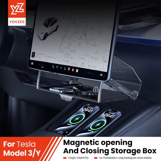YZ For 2021-2025 Tesla Highland Model 3 Y Juniper Tray Magnetic Under Screen Hidden Storage Box Magnetic Hidden Screen Box Beauty World Shop