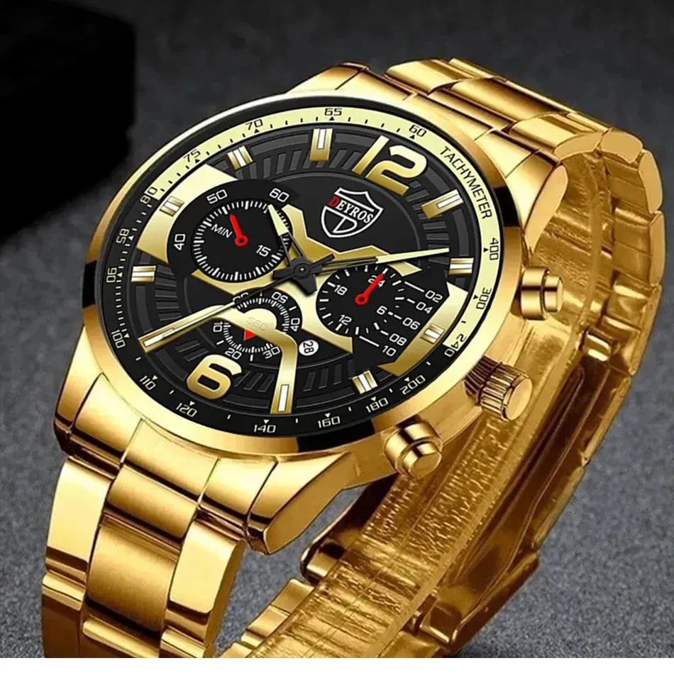 5PCS Set DEYROS Fashion Mens Calendar Watches Men Business Stainless Steel Quartz Wristwatch Male Casual Necklace Bracelet Watch Beauty World Shop