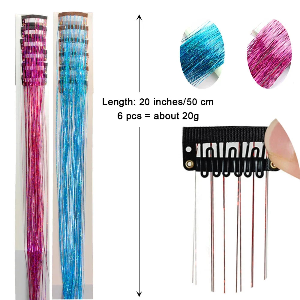 20 Inch Glitter Tinsel Hair Extensions with Clips In, 6Pcs/Set Synthetic Clip in Sparkle Fairy Hair Accessories for Women Kids Beauty World Shop