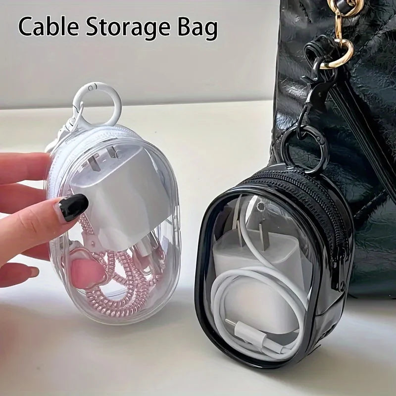 Portable Mini Clear Zipper Storage Bag - Space-Saving Organizer for Earphones & Chargers, Versatile with Handy Keychain Loop Beauty Fashion