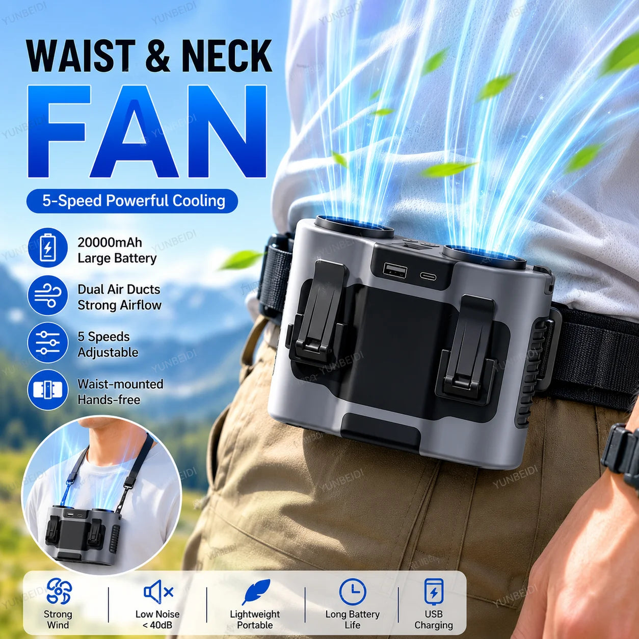 Portable Waist Clip Fan Mini USB Charging Hanging Fan with LED Flashlight Outdoor Single/dual Air Outlet Fan 20000/10000Mah F6/7 Beauty World Shop