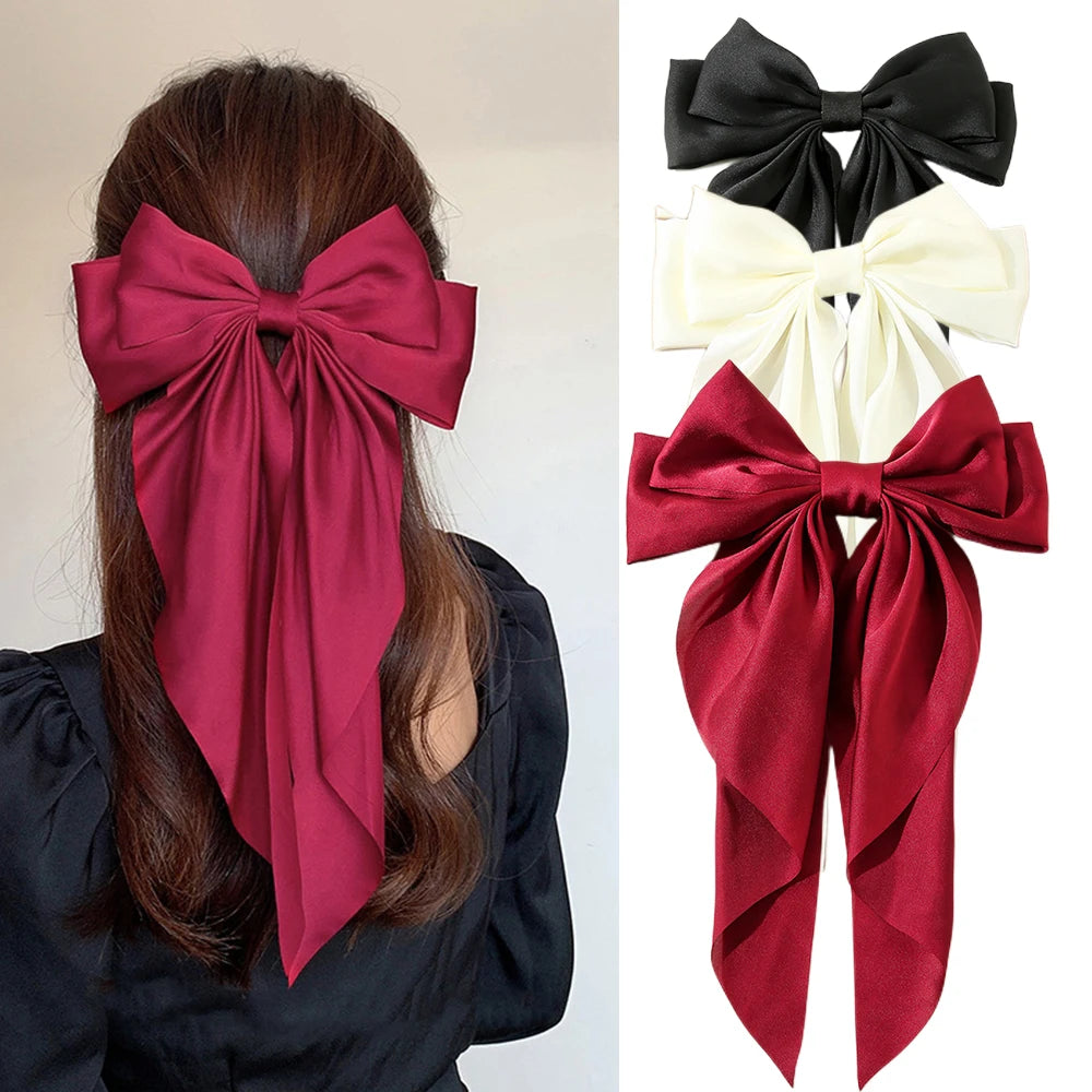 Korean Accessories Hair Clips for Women Girls Big Bowknot Solid Satin Long Ribbon Bows Spring Clamp Barette Cheveux Femme 2023 Beauty World Shop