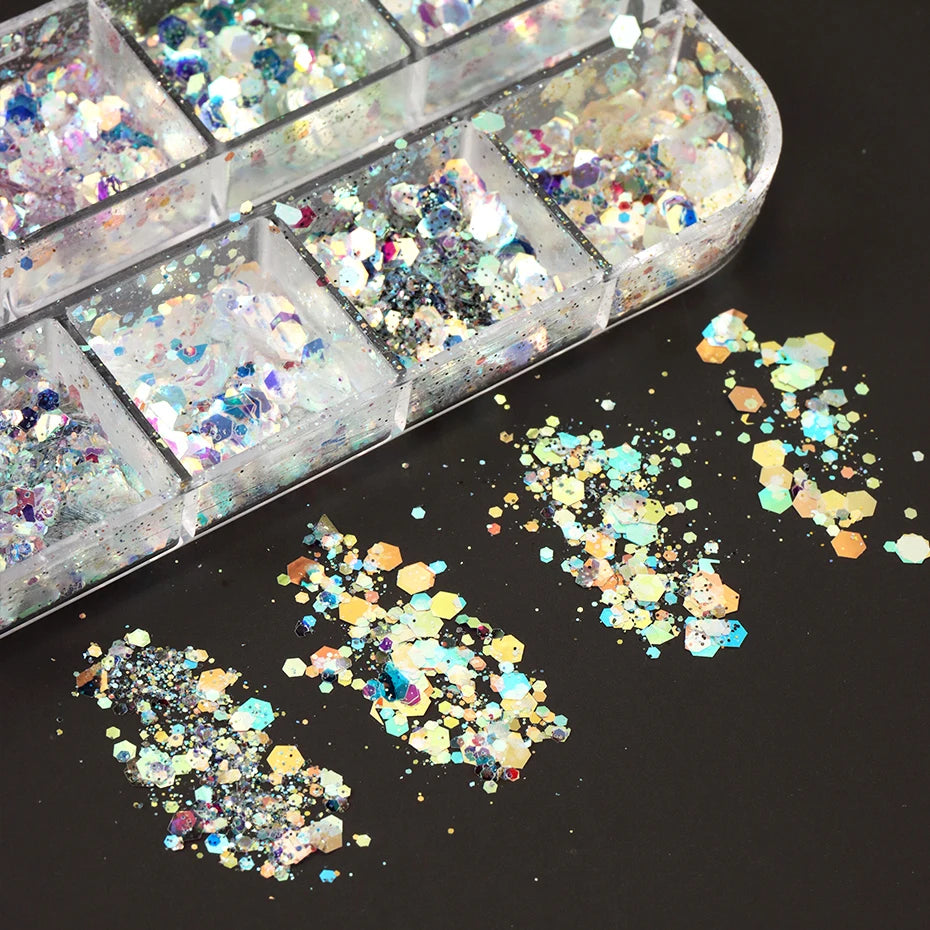 12 Grids Shimmery Mermaid Hexagon Nail Art Glitter Sequins Holographic Mirror Nail Powder Flakes Nail Charms Decoration Manicure Beauty World Shop