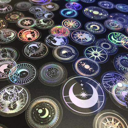 70 pcs PET Adhesive Stickers Waterproof Transparent Laser Silver Stickers Label: SUN MOON Stars Etc Beauty World Shop