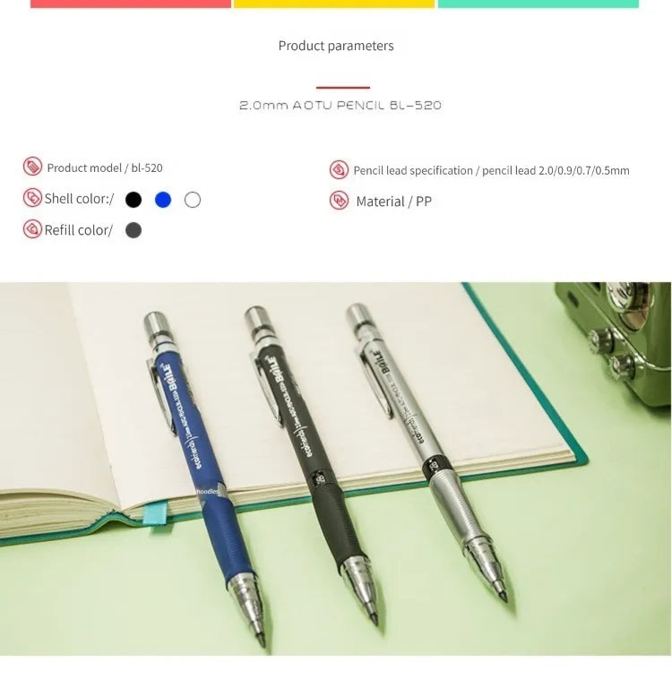 Mechanical Pencil Set 2.0 mm with 2B Black/Colors Lead Refill For Writing Sketching Art Drawing Painting School Automatic Pencil Beauty World Shop