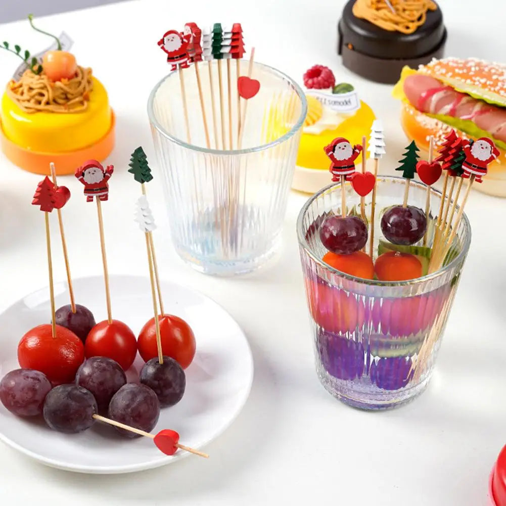 100Pcs Christmas Bamboo Skewer Cocktail Picks Cupcake Topper Disposable Food Dessert Toothpicks Fruit Sticks Party Supplies Beauty Trend Shop