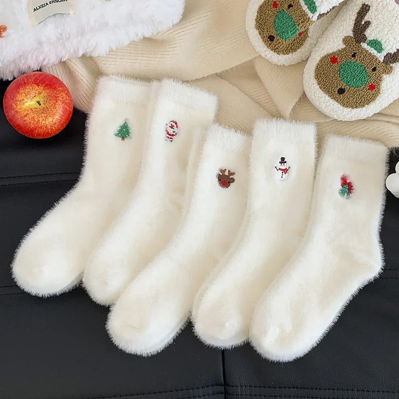 Autumn And Winter Socks, White Mink Fur Christmas Socks, Snowman Santa Claus Christmas Tree Elements, Thickened Warm Socks Beauty World Shop