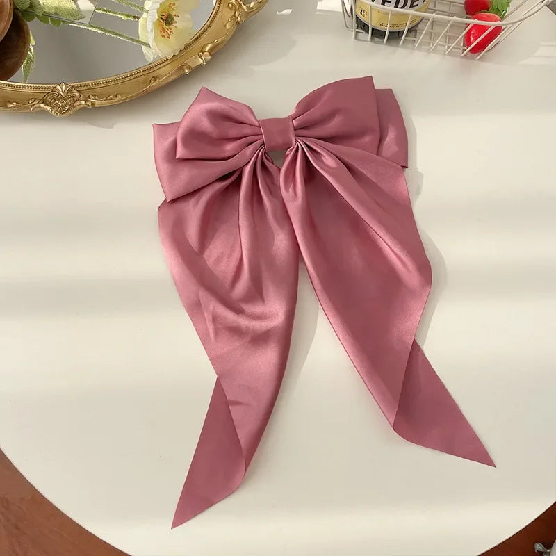 Korean Accessories Hair Clips for Women Girls Big Bowknot Solid Satin Long Ribbon Bows Spring Clamp Barette Cheveux Femme 2023 Beauty World Shop
