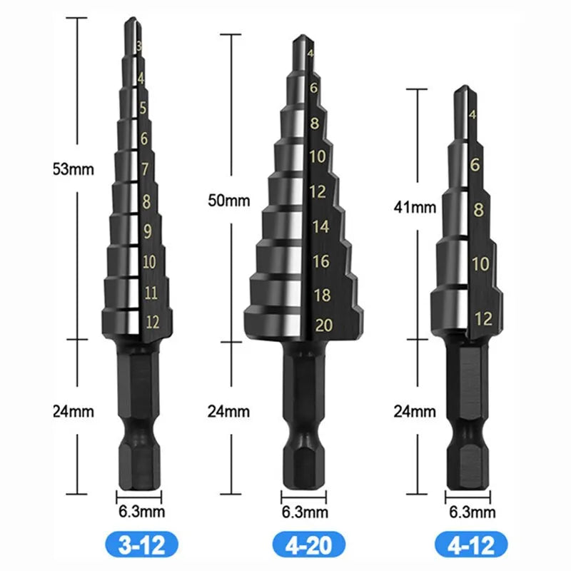 3Pcs HSS Straight Groove Step Drill Bit 3-12mm 4-12mm 4-20mm Nitride Black Hex Wood Metal Hole Cutter Core Drilling Tools Set Beauty World Shop