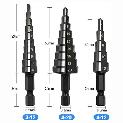 3Pcs HSS Straight Groove Step Drill Bit 3-12mm 4-12mm 4-20mm Nitride Black Hex Wood Metal Hole Cutter Core Drilling Tools Set Beauty World Shop