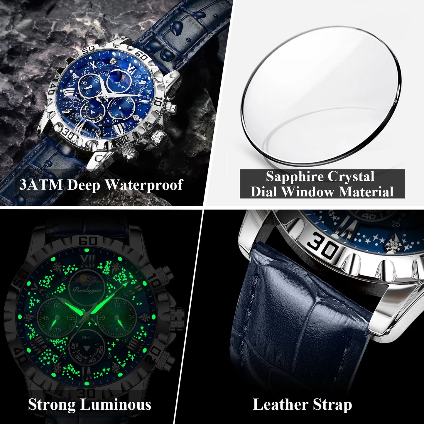 POEDAGAR Top Functional Luxury Man Wristwatch Waterproof Luminous Chronograph Leather Sports Watches For Men Quartz Men's Watch Beauty World Shop