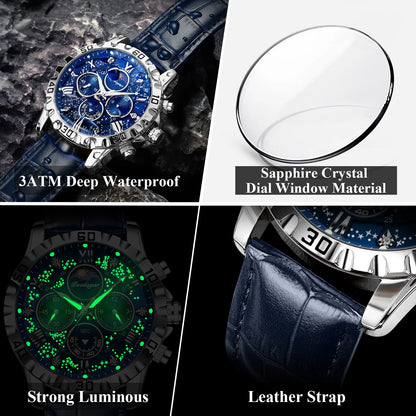 POEDAGAR Top Functional Luxury Man Wristwatch Waterproof Luminous Chronograph Leather Sports Watches For Men Quartz Men's Watch Beauty World Shop