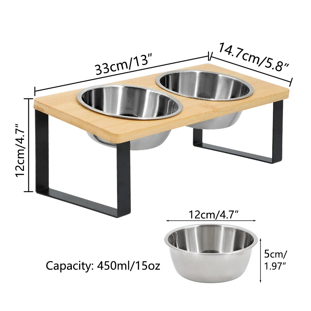 Elevated Cat Bowls Pet Feeder 15° Tilted Raised Cat Food Bowls with Wooden Stand 2 Stainless Steel Bowls for Cats and Puppy Beauty World Shop