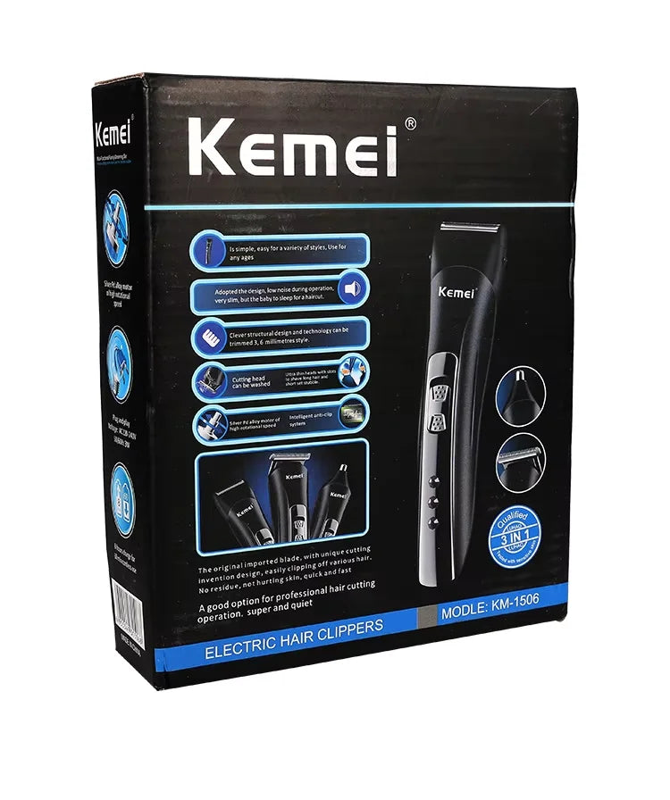 Kemei KM-1506 3 in 1 Electric Hair Clipper USB Charging Shaver Rechargeable Nose Hair Trimmer Professional Shaving Machine Beauty World Shop