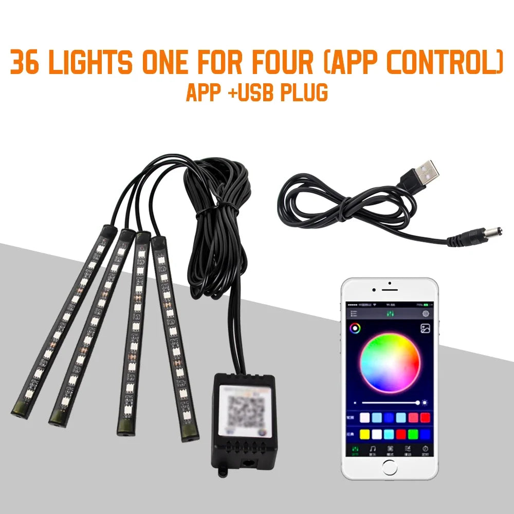 Neon 36 48 72 LED Car Interior Ambient Foot Light Wireless Remote Music APP Control Auto RGB Atmosphere Decorative Lamp Beauty World Shop