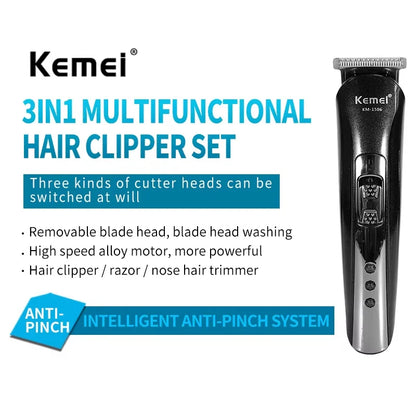 Kemei KM-1506 3 in 1 Electric Hair Clipper USB Charging Shaver Rechargeable Nose Hair Trimmer Professional Shaving Machine Beauty World Shop