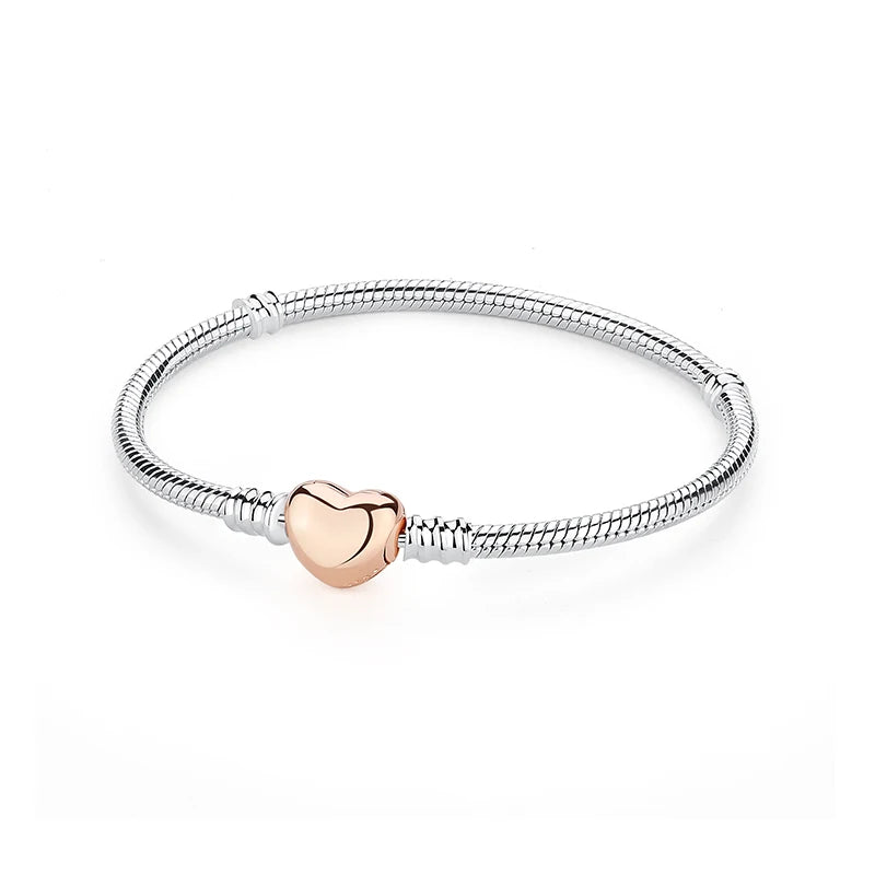Original 925 Sterling Silver Bracelets Bangles Love Heart Clip Charms Beads Snake Chains For Women Rose Gold DIY Luxury Jewelry Beauty World Shop