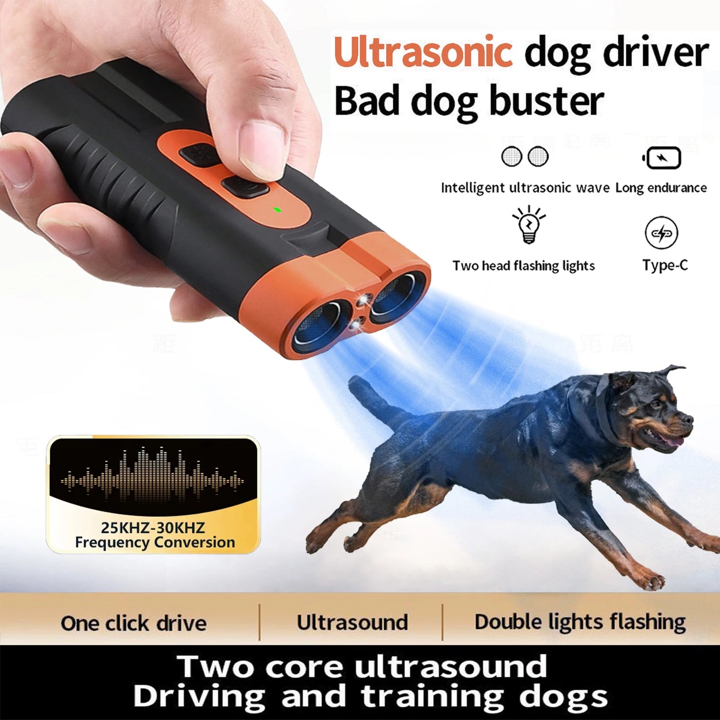 2025 Dual Head Ultrasonic Dog Repeller USB Rechargeable Dog Training Device High-Power Anti Bark Device with LED Flashlight Beauty World Shop