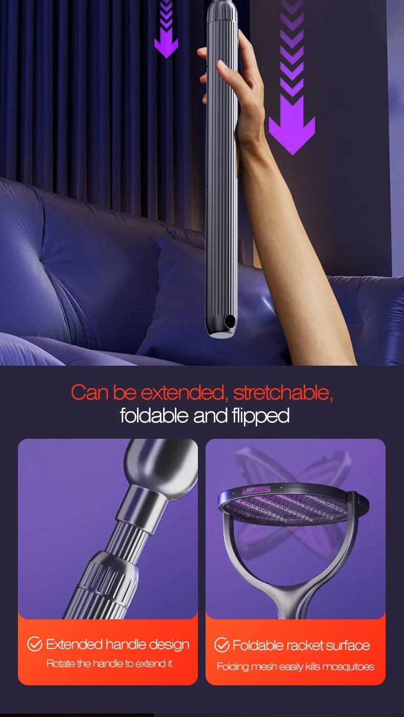 Telescopic Electric Mosquito Swatter & UV Trap Lamp, Extendable 109cm, Safe Physical Killer, Rechargeable, Wall Mount No Gap Beauty World Shop