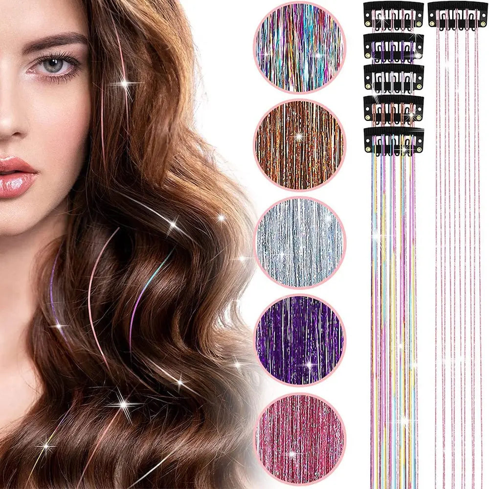 20 Inch Glitter Tinsel Hair Extensions with Clips In, 6Pcs/Set Synthetic Clip in Sparkle Fairy Hair Accessories for Women Kids Beauty World Shop