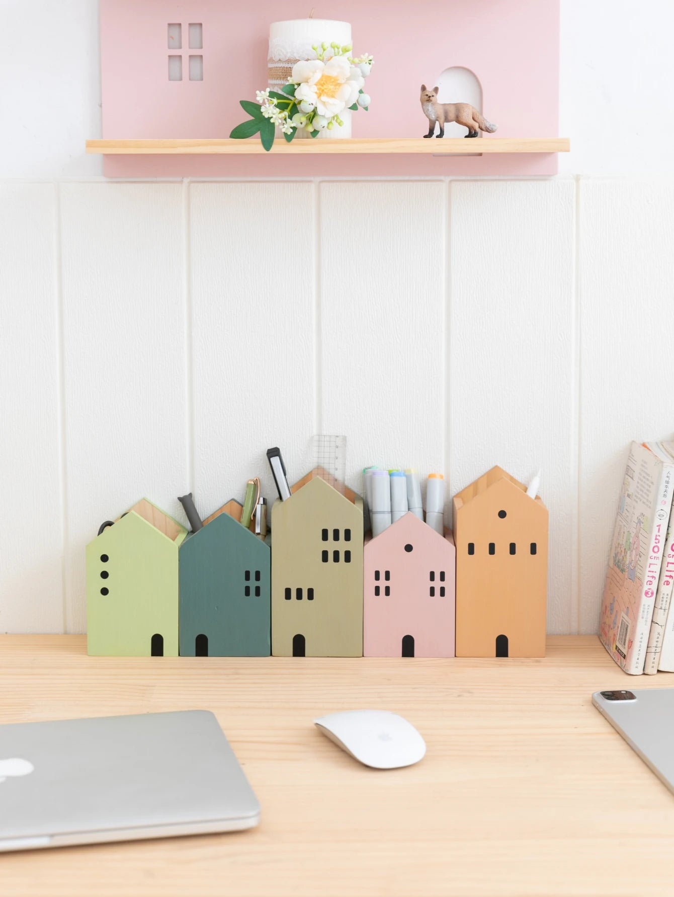 Cartoon House Wooden Pen Holder Pencil container Makeup Brush Stationery storage box Student/ Office Desktop Storage Organiser Beauty World Shop