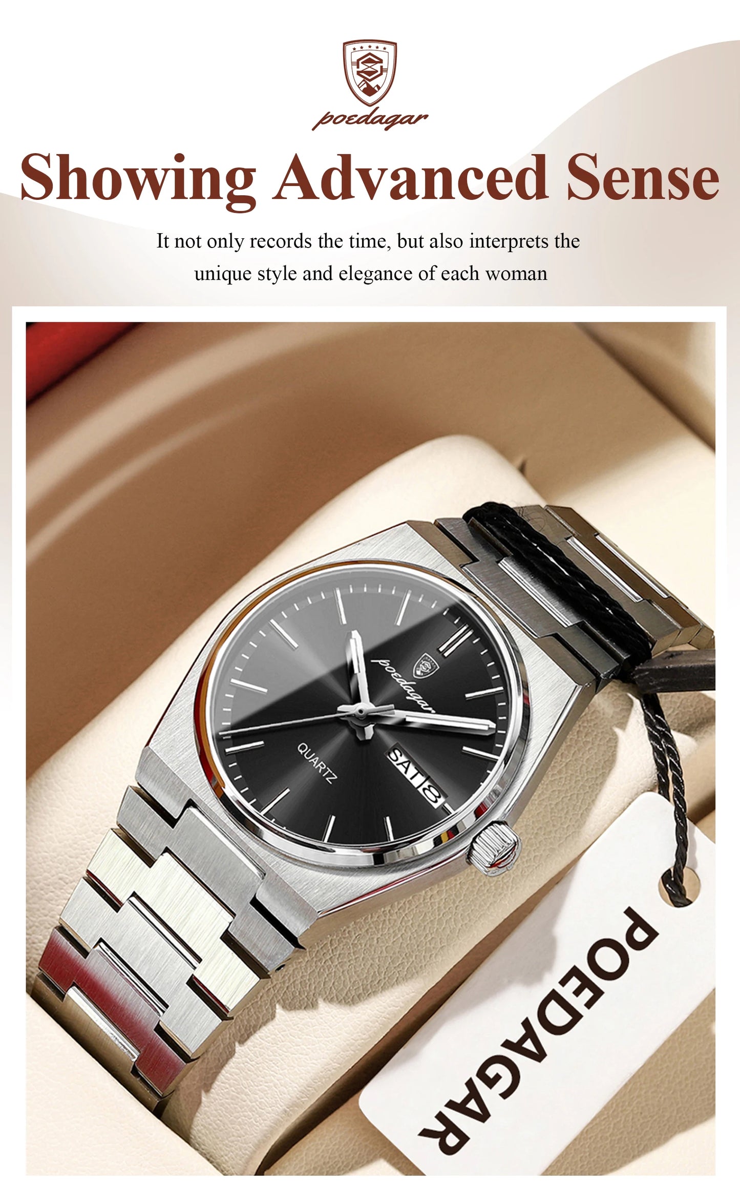 POEDAGAR Elegant Woman's Watch Date Week Waterproof Luminous Ladies Clock Quartz Stainless Steel Fashion Watches For Women Reloj Beauty World Shop