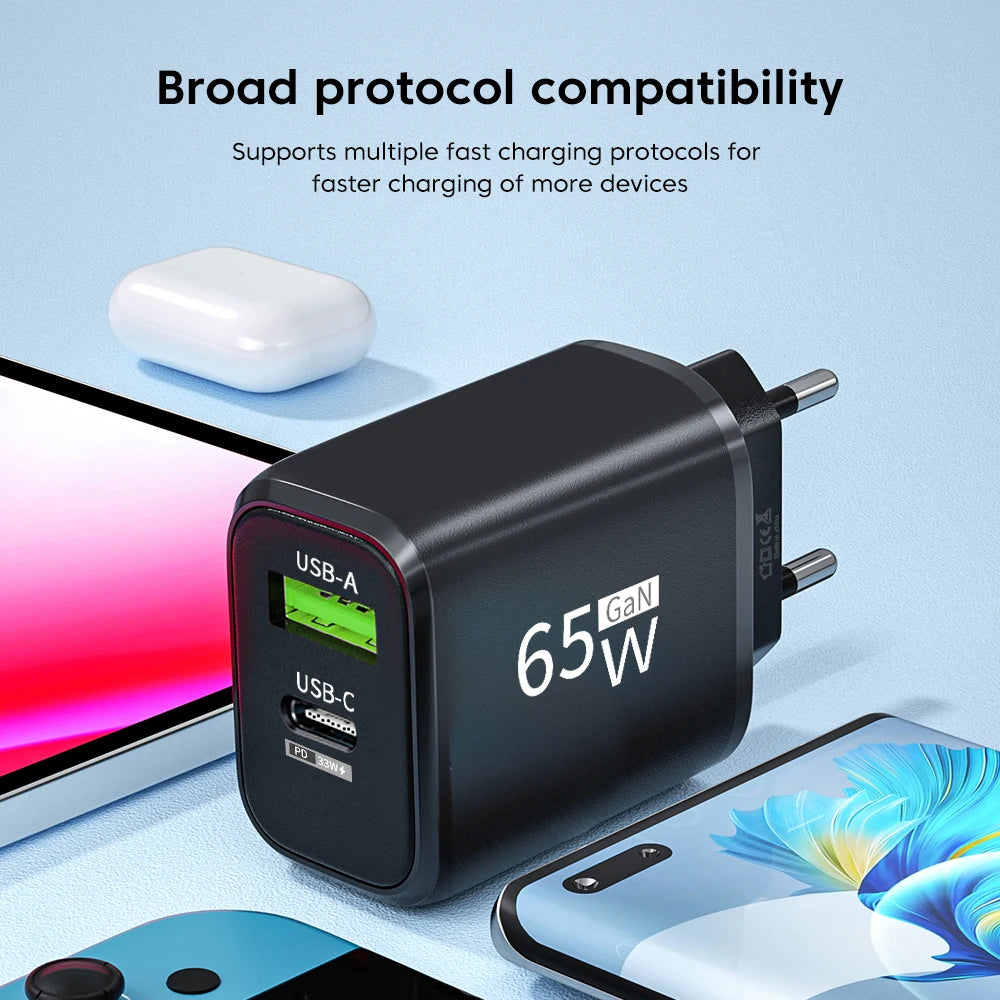 USB Charger 65W GaN Type C Fast Charging PD Power Adapter Quick Charger 3.0 For iPhone 15 Xiaomi POCO Samsung Oneplus Beauty World Shop