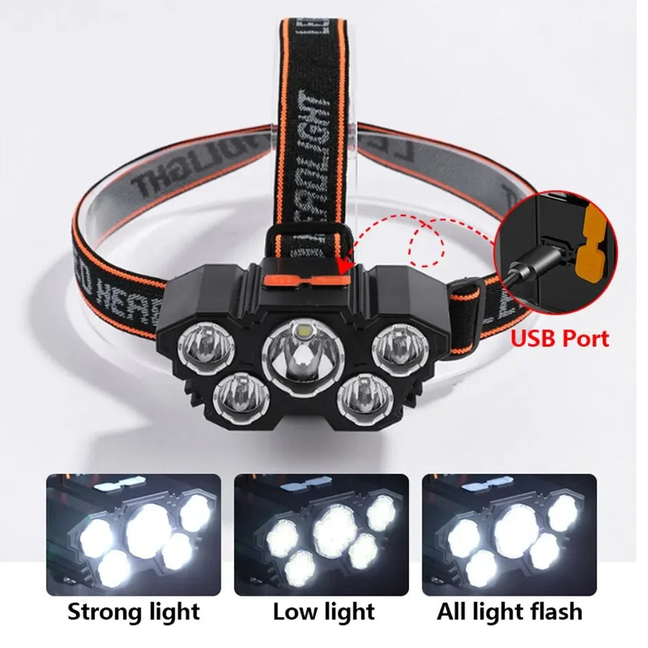 5 LED Flashlight Rechargeable with Built in Lithium Battery Strong Head Light Camping Adventure Fishing Cycling Headlamp Beauty Fashion