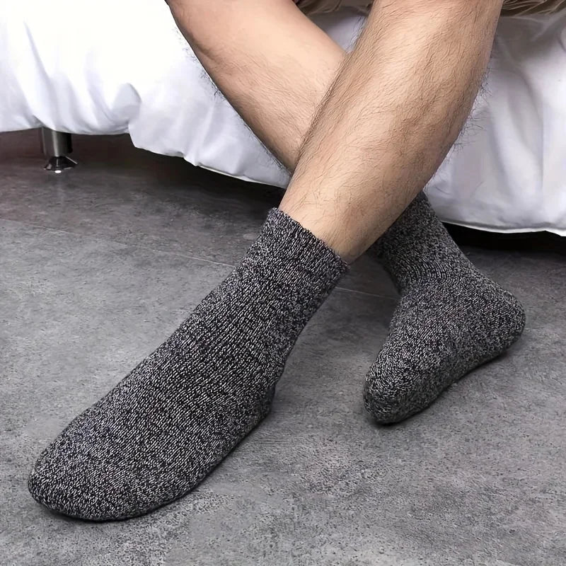 3/5 Pairs Men's Winter Warm Socks, Thick Towel Mid-Calf Socks, Anti-Cold Snow Boots Socks Elastic Solid Color Beauty World Shop