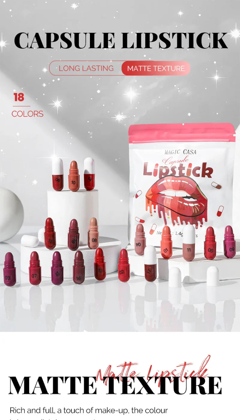 MAGIC CASA 18-Color Capsule Lipstick Set - Mini Matte, Long-lasting, Waterproof, Non-transfer，Soft matte finish Beauty Trend Shop