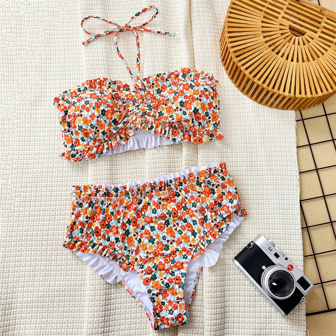 Flowers Printed Bandeau Female Swimsuit High Waist Bikini Women Swimwear Two-pieces Bikini set Bather Bathing Suit Swim V6613 Beauty World Shop