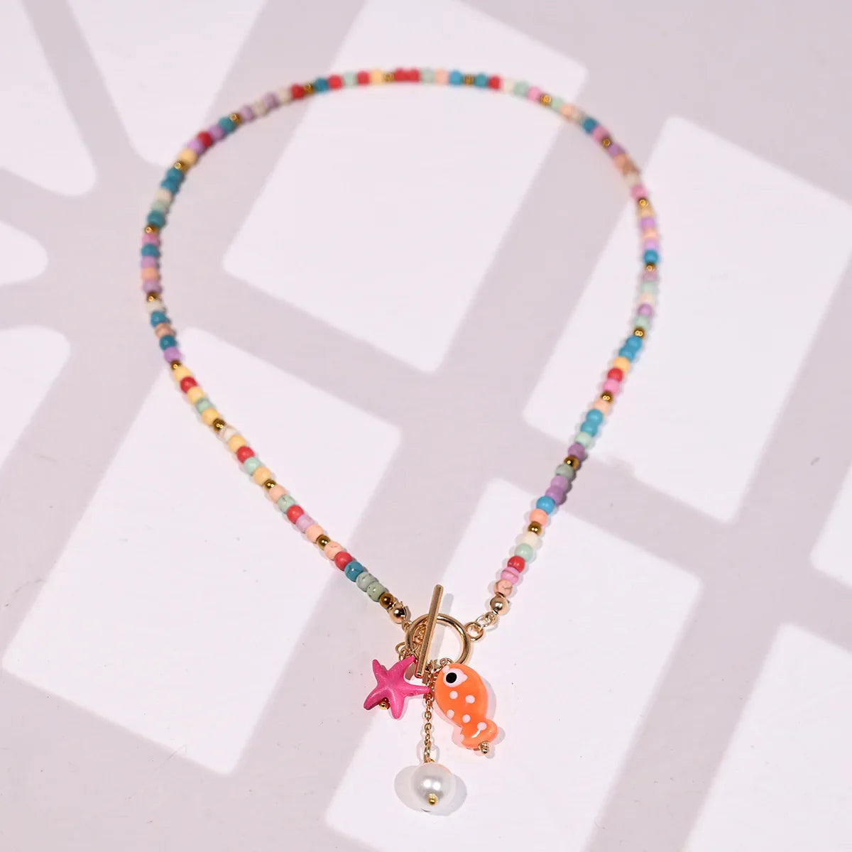 Bohemian Sea-Inspired Ceramic Fish & Starfish Pendant Necklace Dopamine Rainbow Color Beads Necklaces Beach Jewelry Beauty Trend Shop