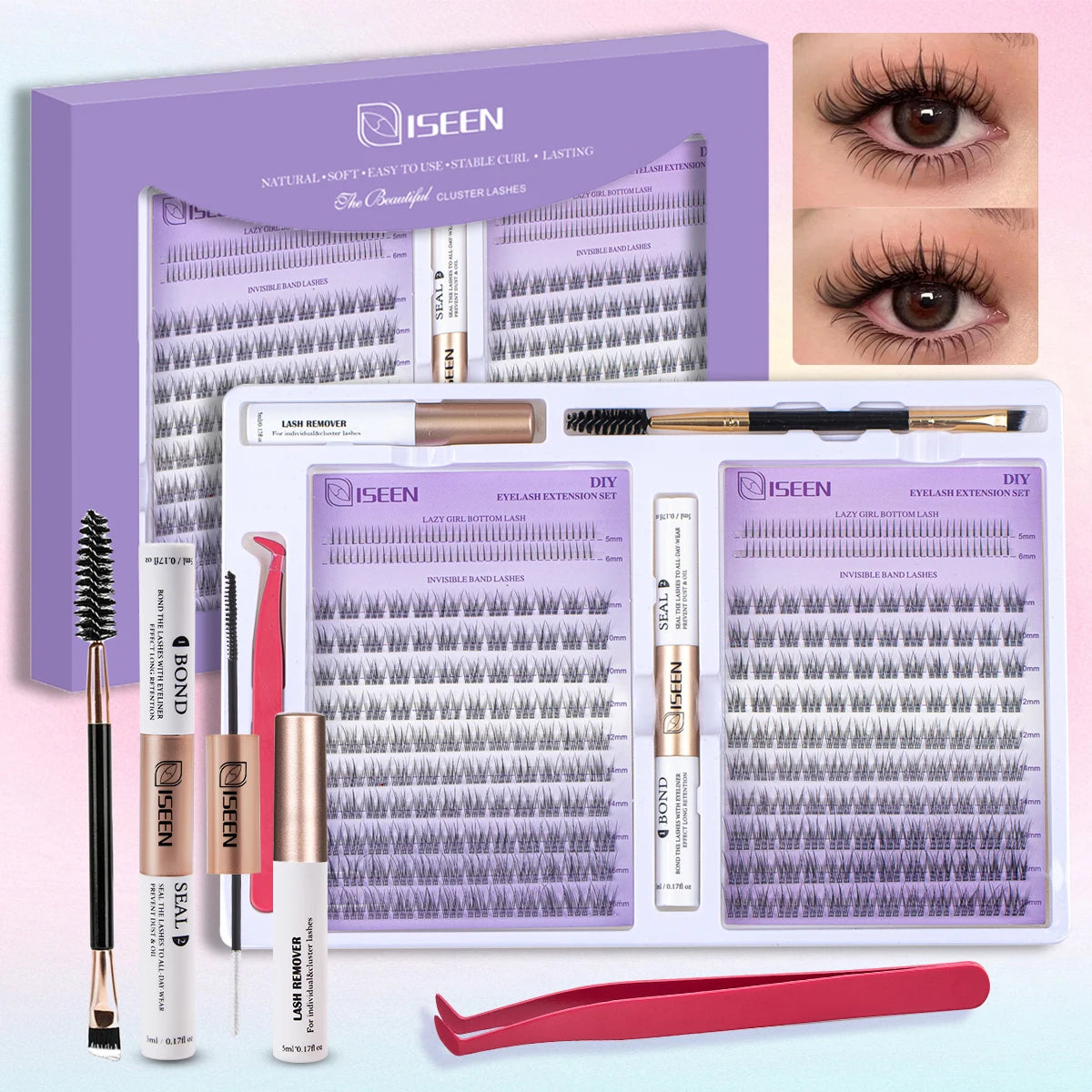 ISEEN DIY Eyelash Extension Kit Cluster Mix Eyelashes Full Set Lashes Kit with Lash Bond & Seal and Eyelash Tweezers and Brush Beauty World Shop