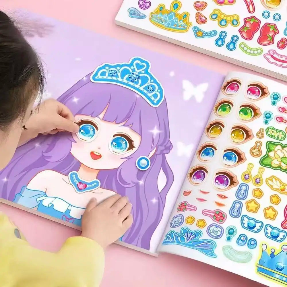 Stickers Book Handicrafts Creative Kids Stickers 15 Pages Toy Puzzle Reusable for Girls Cartoon Princess Make A Face Stickers Beauty World Shop