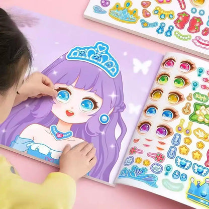 Stickers Book Handicrafts Creative Kids Stickers 15 Pages Toy Puzzle Reusable for Girls Cartoon Princess Make A Face Stickers Beauty World Shop