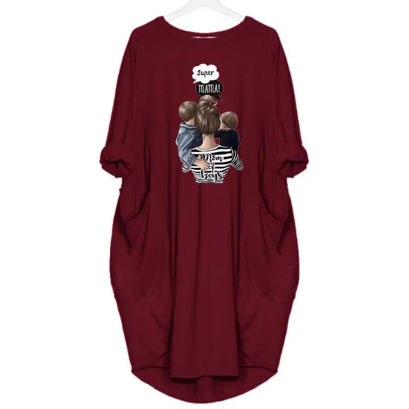 Women's Loose  Long Sleeved Summer Plus Size Dress Autumn  Winter Casual Round Neck Solid Color Long Sleeve Pocket Loose Pullove Beauty World Shop