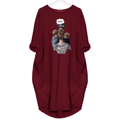 Women's Loose  Long Sleeved Summer Plus Size Dress Autumn  Winter Casual Round Neck Solid Color Long Sleeve Pocket Loose Pullove Beauty World Shop