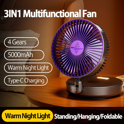 2024 New Rechargeable 3IN1 Multifunctional Portable Fan Wall Mounted Fan 90° Folding Fan 4 Gears With Warm Night Light Beauty World Shop